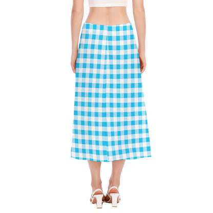 Cyan Blue And White Gingham Print Side Slit Midi Skirt