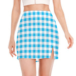 Cyan Blue And White Gingham Print Side Slit Mini Skirt