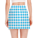 Cyan Blue And White Gingham Print Side Slit Mini Skirt