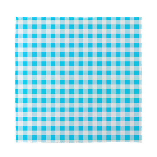 Cyan Blue And White Gingham Print Silk Bandana