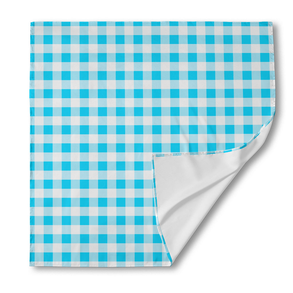 Cyan Blue And White Gingham Print Silk Bandana