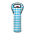 Cyan Blue And White Gingham Print Single Neoprene Wine Tote
