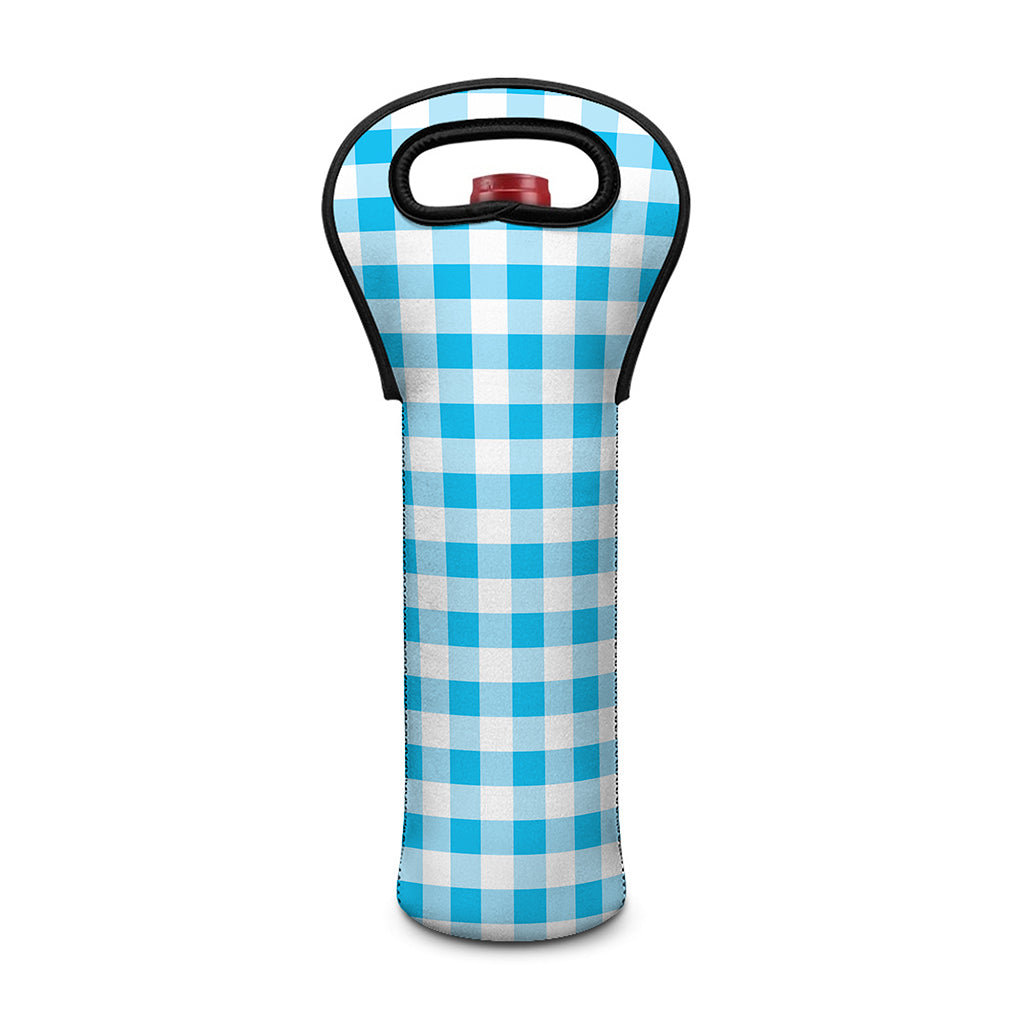 Cyan Blue And White Gingham Print Single Neoprene Wine Tote