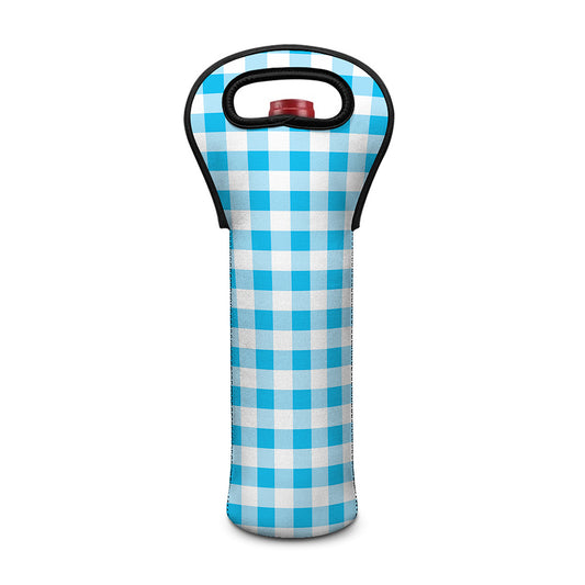 Cyan Blue And White Gingham Print Single Neoprene Wine Tote