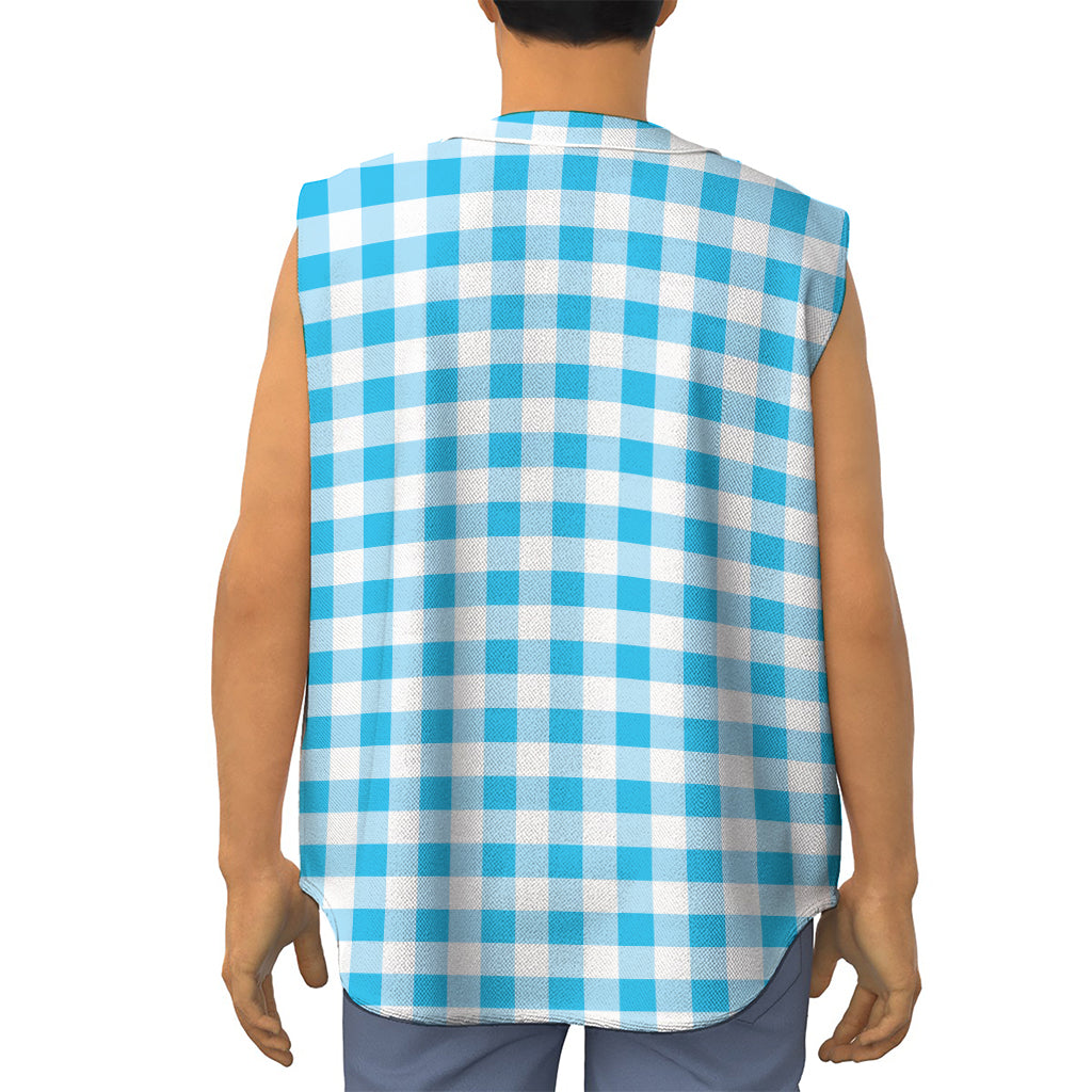 Cyan Blue And White Gingham Print Sleeveless Baseball Jersey