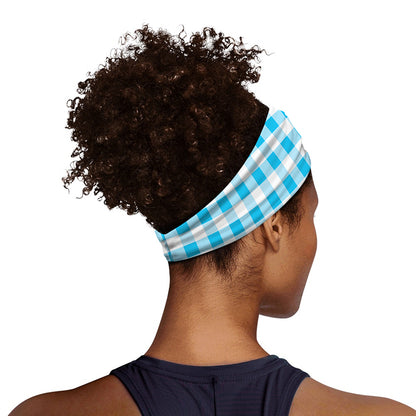 Cyan Blue And White Gingham Print Sports Headband