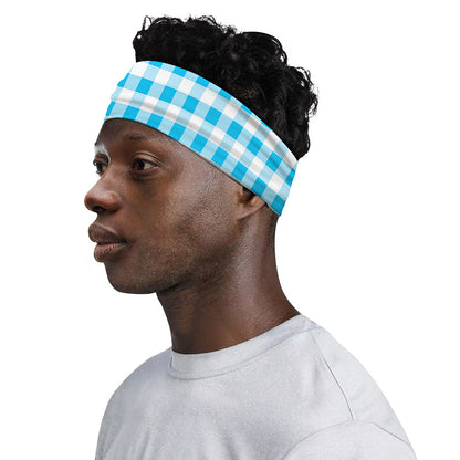 Cyan Blue And White Gingham Print Sports Headband