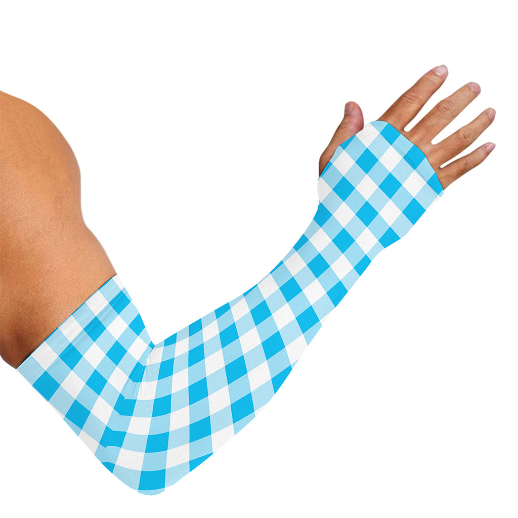 Cyan Blue And White Gingham Print Sun Protection Arm Sleeves
