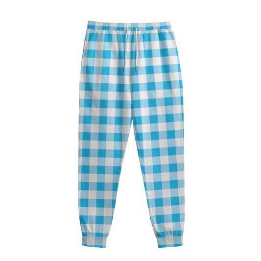 Cyan Blue And White Gingham Print Sweatpants