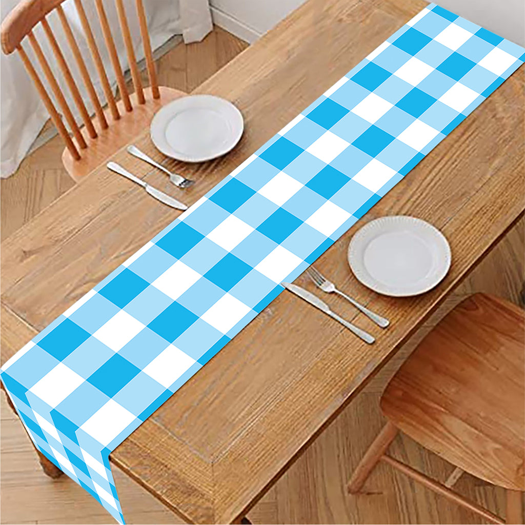 Cyan Blue And White Gingham Print Table Runner