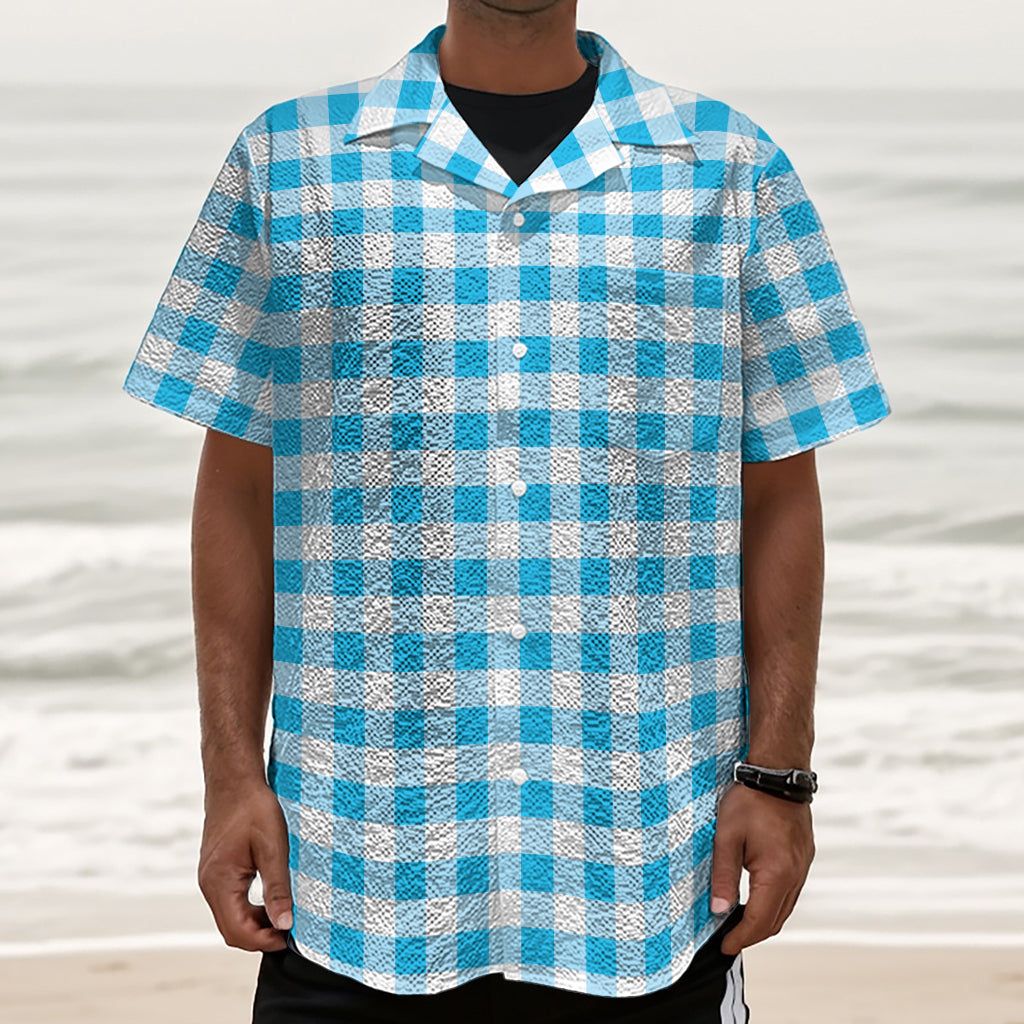 Cyan Blue And White Gingham Print Textured Short Sleeve Shirt
