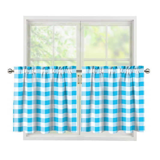 Cyan Blue And White Gingham Print Tier Curtains