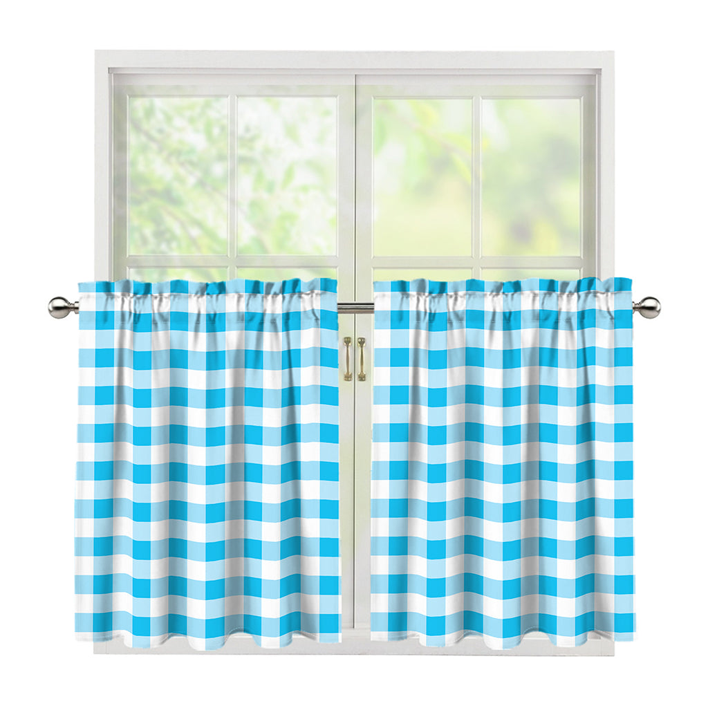 Cyan Blue And White Gingham Print Tier Curtains