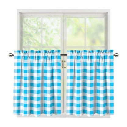 Cyan Blue And White Gingham Print Tier Curtains