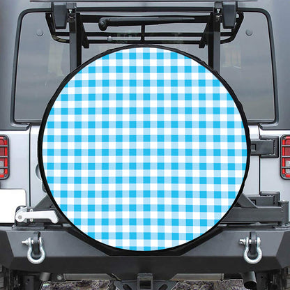 Cyan Blue And White Gingham Print Tire Cover