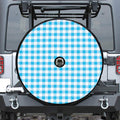 Cyan Blue And White Gingham Print Tire Cover With Camera Hole