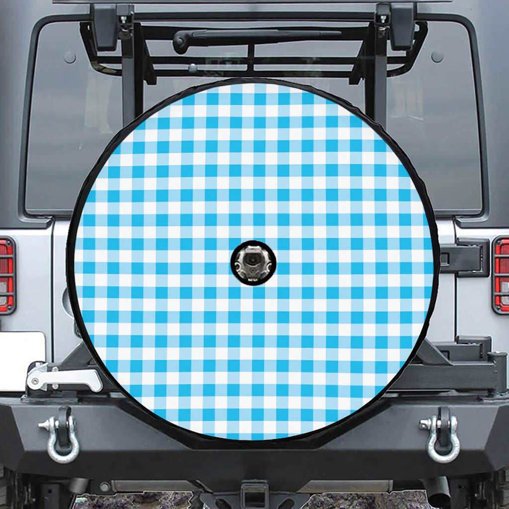 Cyan Blue And White Gingham Print Tire Cover With Camera Hole