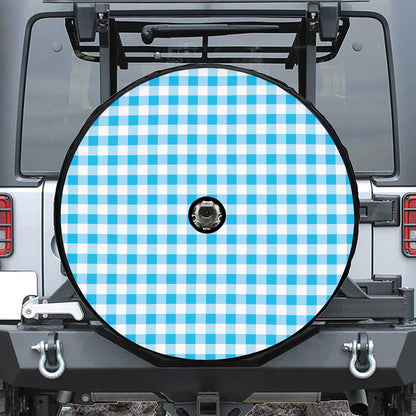 Cyan Blue And White Gingham Print Tire Cover With Camera Hole