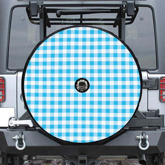 Cyan Blue And White Gingham Print Tire Cover With Camera Hole