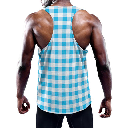 Cyan Blue And White Gingham Print Training Tank Top