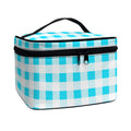 Cyan Blue And White Gingham Print Travel Makeup Bag