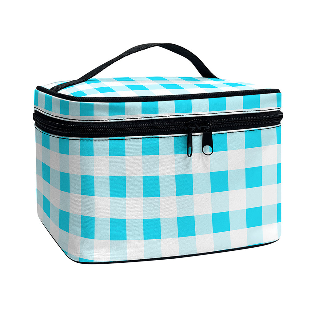 Cyan Blue And White Gingham Print Travel Makeup Bag