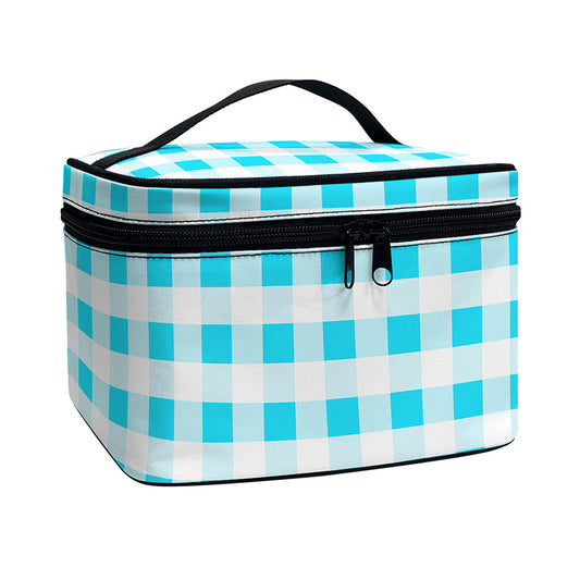 Cyan Blue And White Gingham Print Travel Makeup Bag