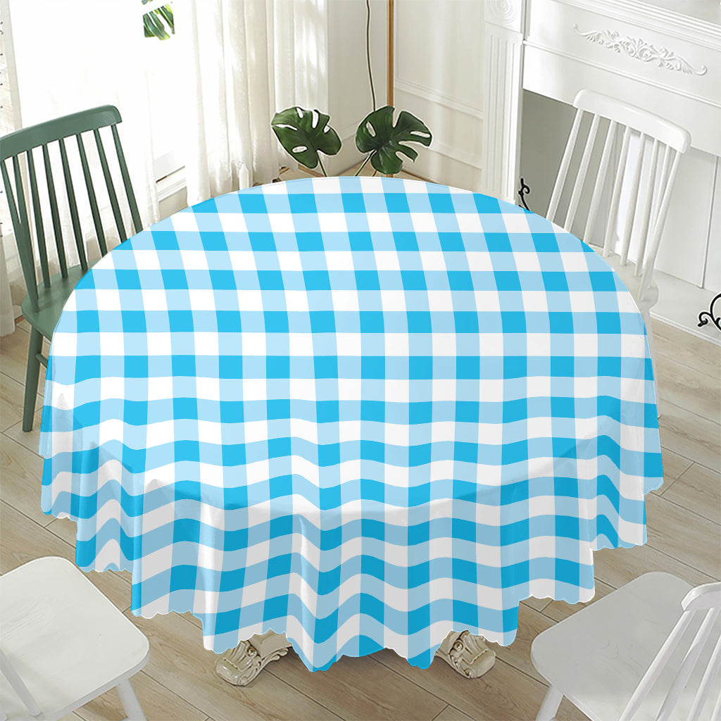 Cyan Blue And White Gingham Print Waterproof Round Tablecloth