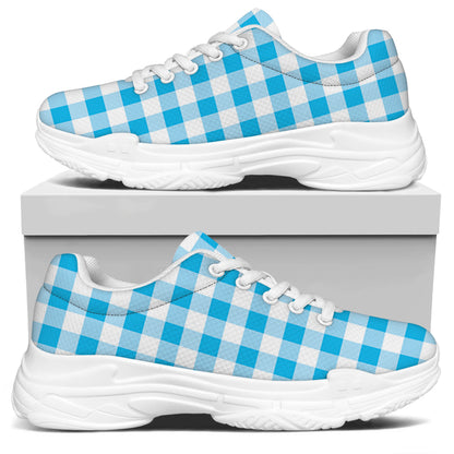 Cyan Blue And White Gingham Print White Chunky Shoes