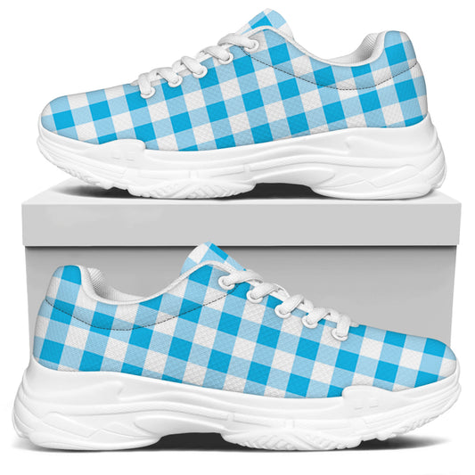 Cyan Blue And White Gingham Print White Chunky Shoes
