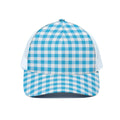 Cyan Blue And White Gingham Print White Mesh Trucker Hat