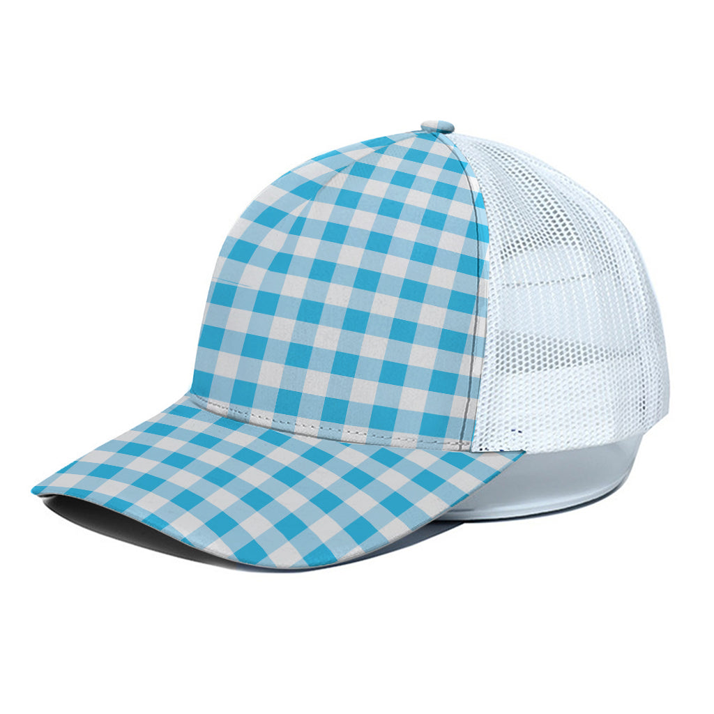 Cyan Blue And White Gingham Print White Mesh Trucker Cap