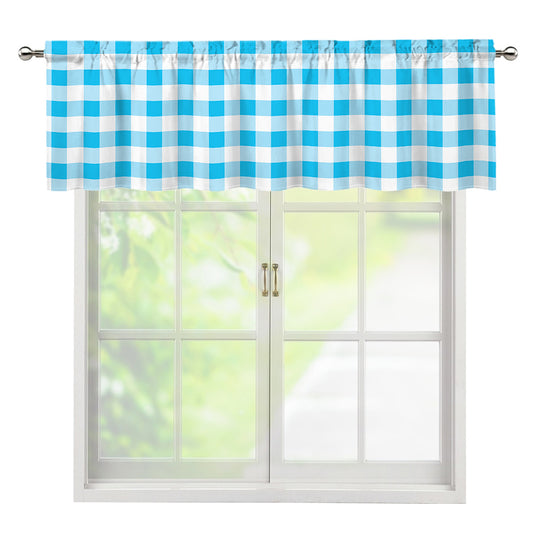 Cyan Blue And White Gingham Print Window Valance