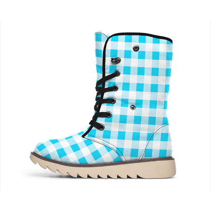 Cyan Blue And White Gingham Print Winter Boots