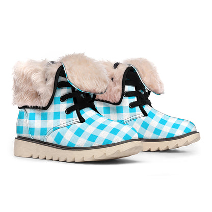 Cyan Blue And White Gingham Print Winter Boots