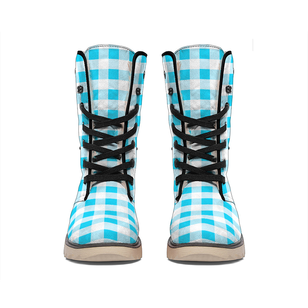Cyan Blue And White Gingham Print Winter Boots
