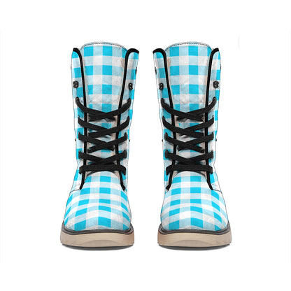 Cyan Blue And White Gingham Print Winter Boots