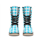 Cyan Blue And White Gingham Print Winter Boots