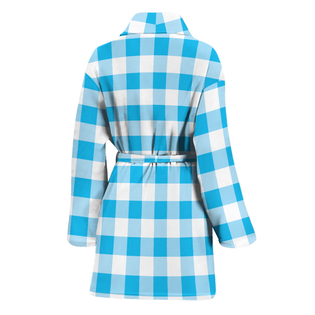 Cyan Blue And White Gingham Print Women's Bathrobe