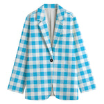 Cyan Blue And White Gingham Print Women's Blazer
