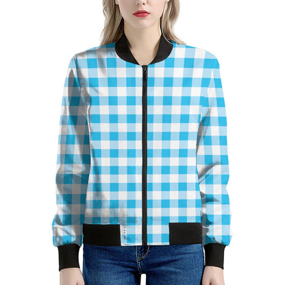 Cyan Blue And White Gingham Print Women's Bomber Jacket