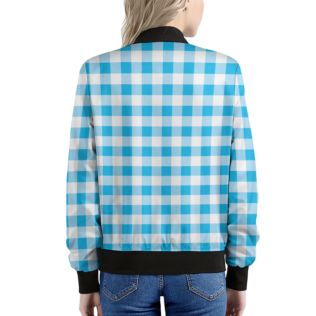 Cyan Blue And White Gingham Print Women's Bomber Jacket