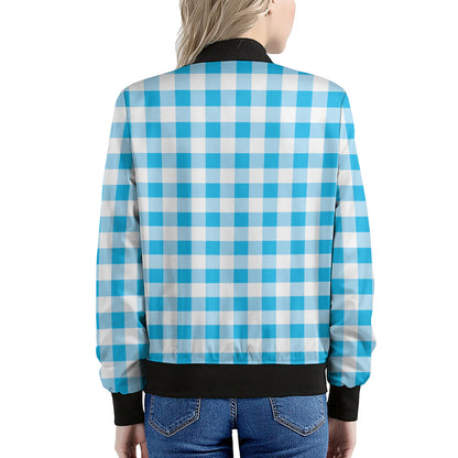 Cyan Blue And White Gingham Print Women's Bomber Jacket