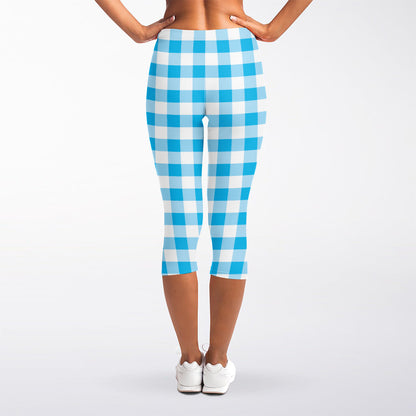 Cyan Blue And White Gingham Print Women's Capri Leggings