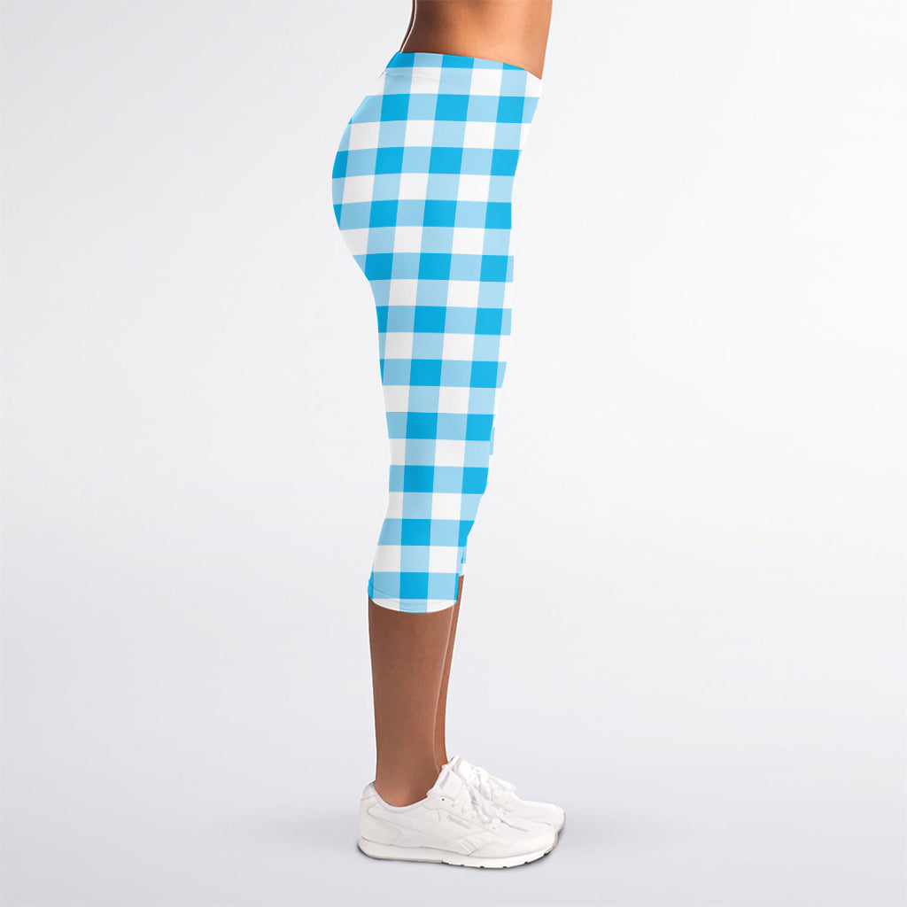 Cyan Blue And White Gingham Print Women's Capri Leggings