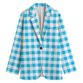 Cyan Blue And White Gingham Print Women's Cotton Blazer