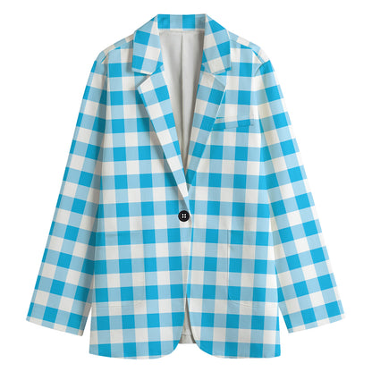 Cyan Blue And White Gingham Print Women's Cotton Blazer