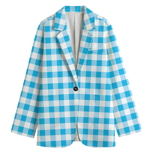 Cyan Blue And White Gingham Print Women's Cotton Blazer