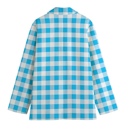 Cyan Blue And White Gingham Print Women's Cotton Blazer