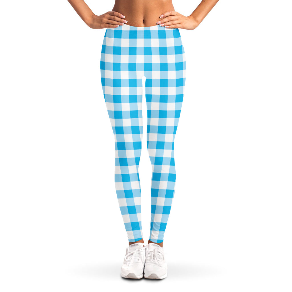 Cyan Blue And White Gingham Print Women's Leggings